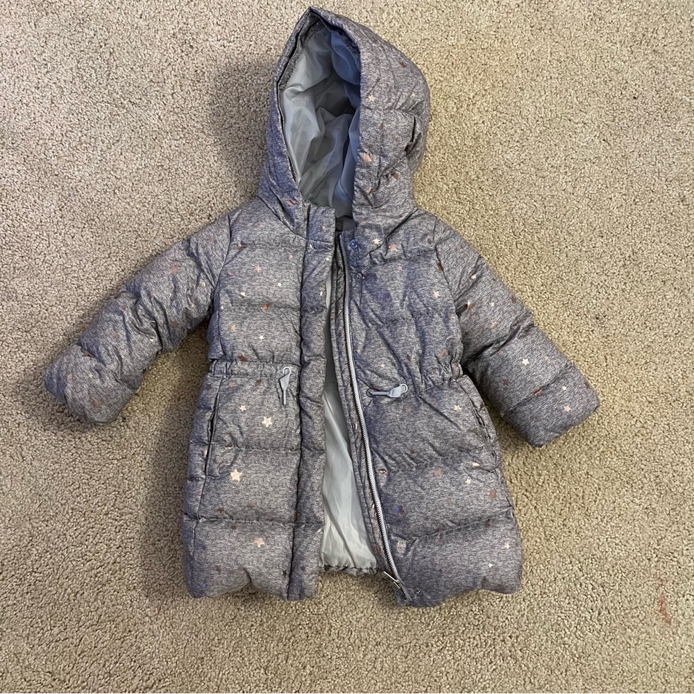 GAP Kids Gray Puffer Jacket with pink Star Pattern